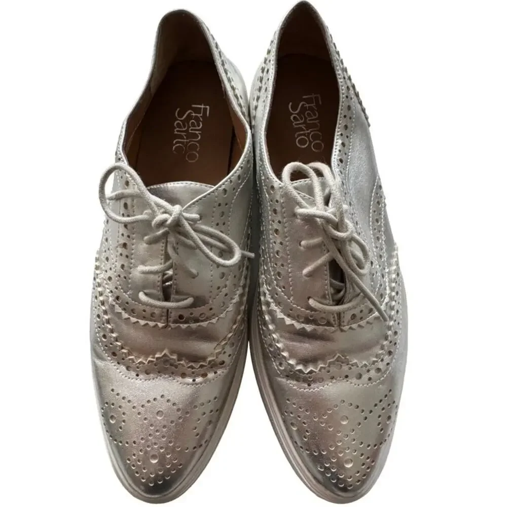 Franco Sarto Silver Oxford Sneakers Gold Wingtip Lace Up Almond Toe Academia 8